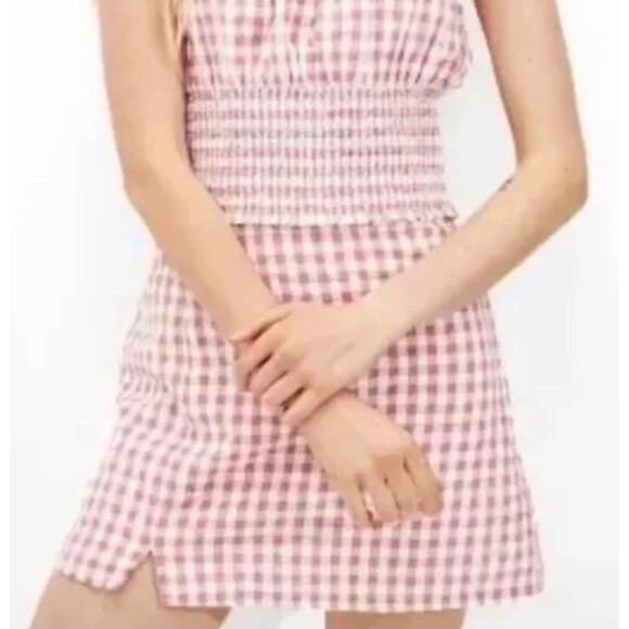 American Eagle Pink Gingham Micro Mini Skirt XS  Pencil A-line Slit Cotton Linen - Picture 1 of 5